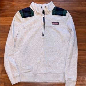 Gray Quarter-Zip Sweater with Plaid Accents